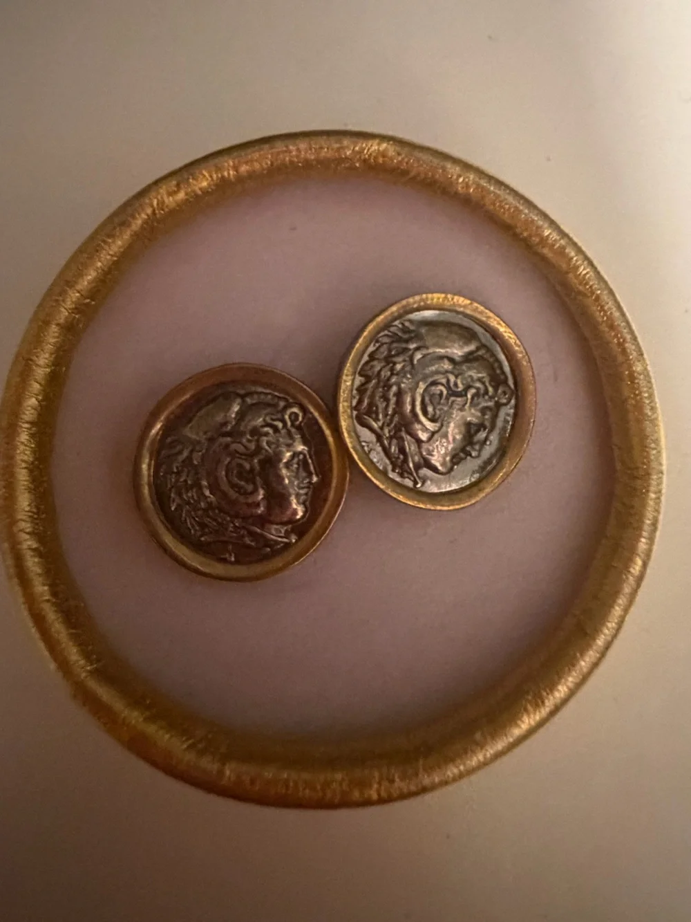 Antique-Style Two-Tone Coin Motif Button Earrings - Gold & Silver